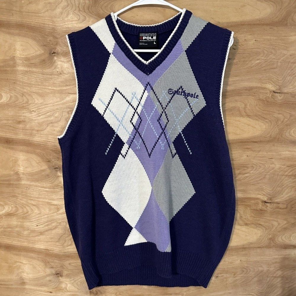 South Pole Mens Large Argyle Sweater Vest Embroidered Logo Purple Gray